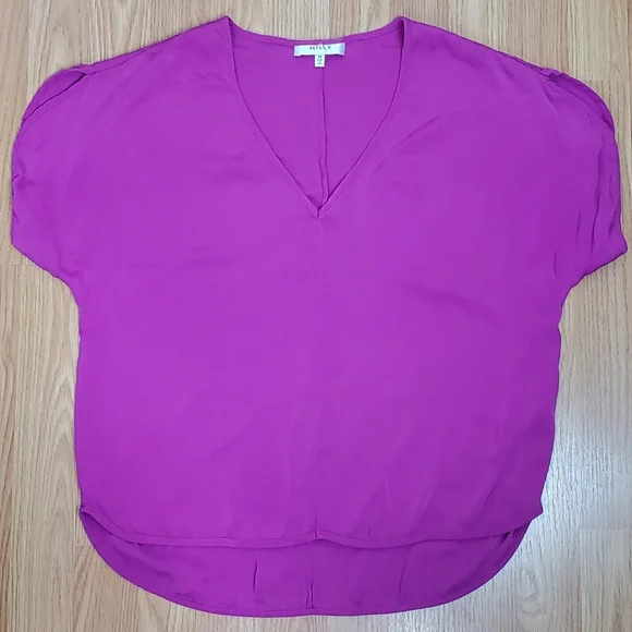 Milly size 10 silk blend  v neck short dolman sleeve top blouse magenta fuchsia - Picture 8 of 12